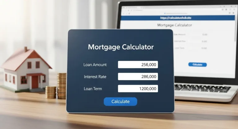 A digital Mortgage Calculator displayed on a laptop screen and a floating dark interface in the foreground. The calculator screen shows input fields: Loan Amount set to 256,000, Interest Rate set to 286,000 (which appears to be an error in the display, as a typical rate is a percentage), and Loan Term set to 1,200,000. A small model house and stacks of gold coins are on the wooden desk next to the laptop, suggesting home financing and savings.