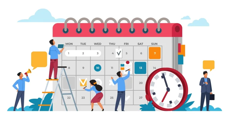 Alt Text: "Flat vector illustration of a business team actively planning schedules and deadlines on a giant calendar and clock, representing a visual date calculator tool for time management.