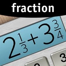 Fraction Calculator app icon showing the mathematical problem $2\frac{1}{3} + 3\frac{3}{4}$ displayed on a blue calculator screen. The word "fraction" is written prominently at the top on a black banner, suggesting a dedicated calculator for working with mixed numbers and fractions.