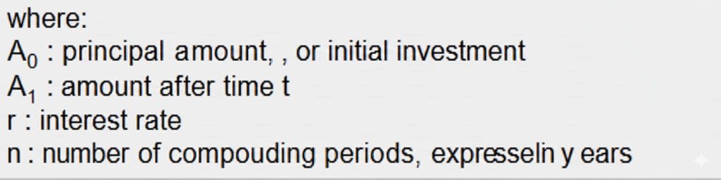 A technical breakdown of variables used in a Compound Interest Calculator, displayed as a list on a light gray background. The text defines $A_0$ as the principal amount or initial investment, $A_1$ as the amount after time $t$, $r$ as the interest rate, and $n$ as the number of compounding periods expressed in years.