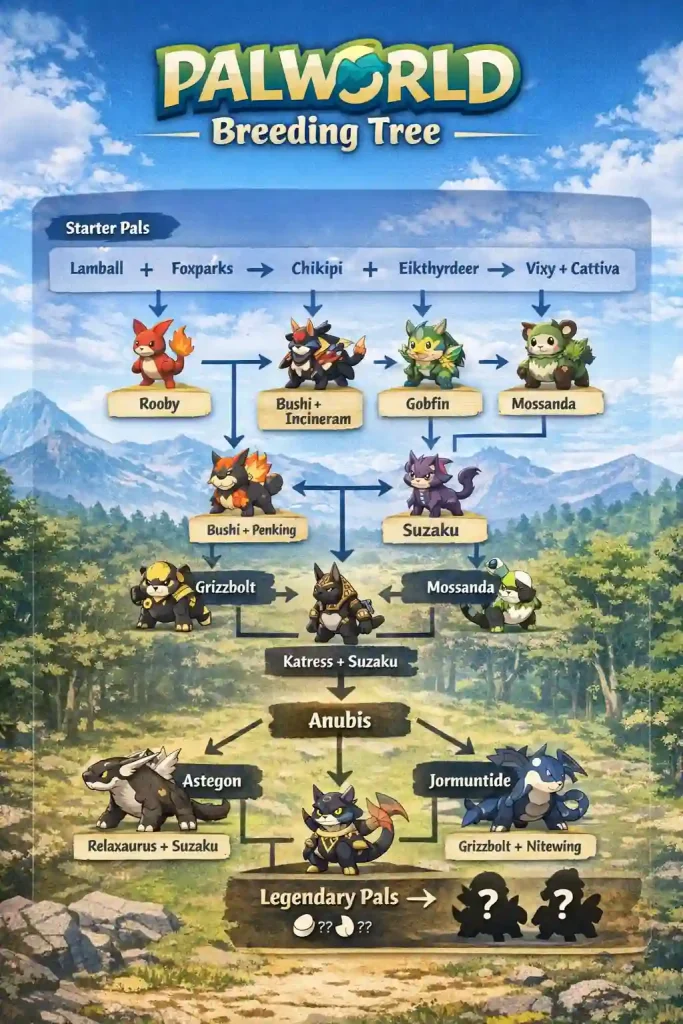 Palworld Breeding Calculator infographic showing starter Pals, breeding paths, and legendary Pals with a clear step-by-step breeding tree layout.
